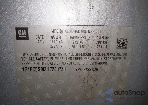 2017 Chevrolet Cruze Ls Auto из США, поврежденный, VIN 1G1BC5SM3H7240720